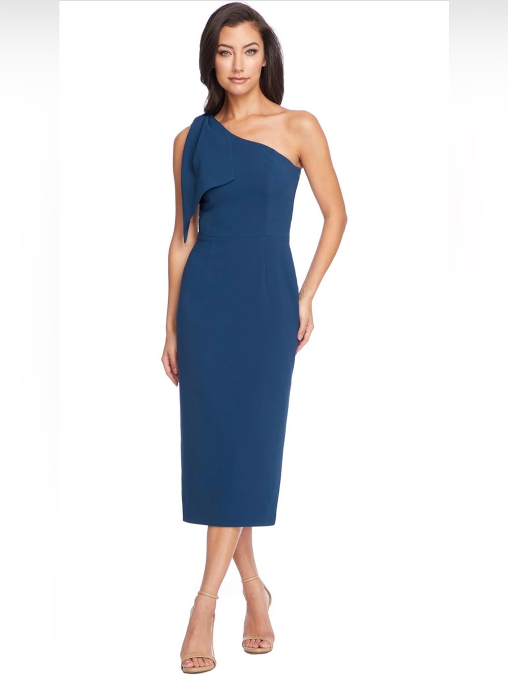 Dress the Population Womens Tiffany One Shoulder Bow Detail Midi Sheath Dress